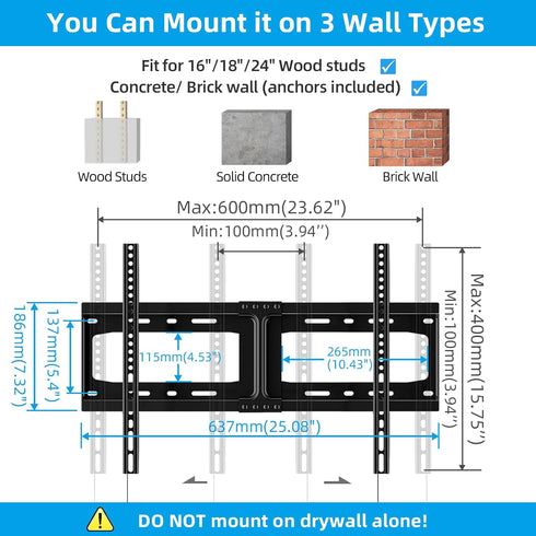HOME VISION 32-86 Inch 600X400mm 165lbs 16/18/24 Inch HV8601 Heavy Duty Fixed TV Wall Mount for Most Flat TVs, Max VESA