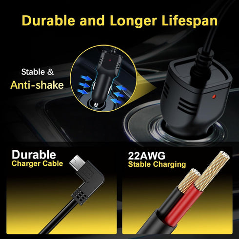 Range Tour 4m/13.12ft 12V/24V DC5V 3A Dash Camera Car Charger, Mini USB and Micro USB Interfaces, L-Type Driving