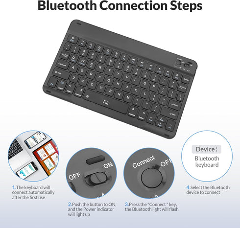 Rii RK302 Ultra-Slim Bluetooth Keyboard for ipad,iPhone,Android,Samsung,Windows,Mac,Linux,Tablet,Laptop, Rechargeable