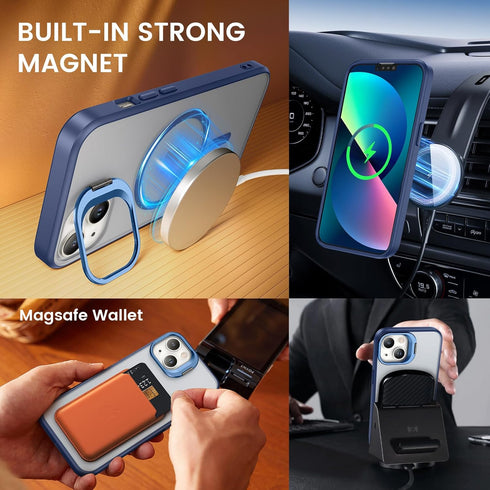 Ruky Translucent Magnetic Case for iPhone 13/14, 6.1", with Privacy Screen Protector & Metal Kickstand, Blue, MagSafe