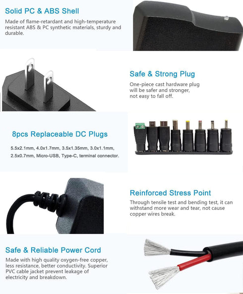 5V 2A 2000mA DC Power Supply, 10W AC/DC Adapter 110V to 5Volt with 8 Tips for Camera Baby Monitor