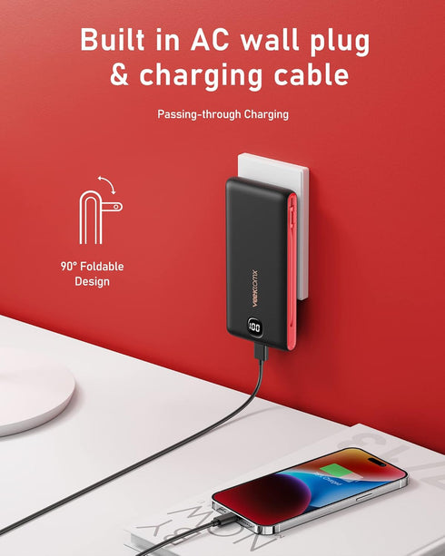 VEEKTOMX Portable Charger 10000mAh with Built-in Cables, Fast Charging USB C Slim Battery Pack for iPhone and Samsung