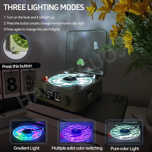 Retro-Style Wireless Waves Vinyl Bluetooth Speaker - Aqua Vinyl Player with Ambience Light and Clock for Bedroom