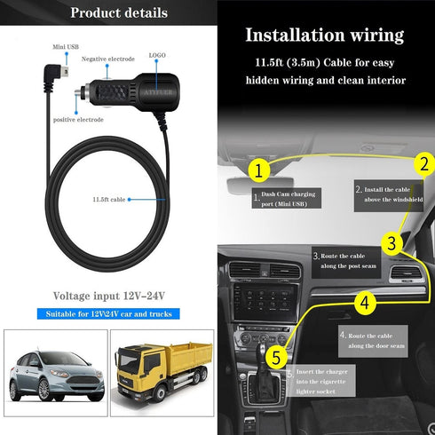 Dash Cam Charger Cable GPS Navigator Power Cord for Dash Cam GPS MP3 Player Charging for 12V Car and 24V Truck.