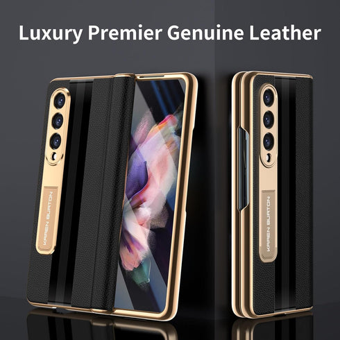 Samsung Galaxy Z Fold 3 Phone Case - Luxury Genuine Leather, Full Body Hinge Protection, Built-in Screen Protector