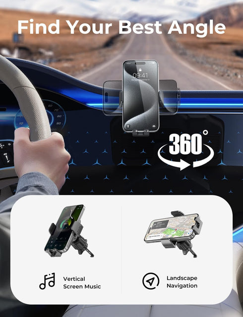 LISEN 360 Car Vent Phone Mount, Upgrade Phone Holders for Your Car Vent Wider Clamp & Metal Hook Phone Holder [Thick