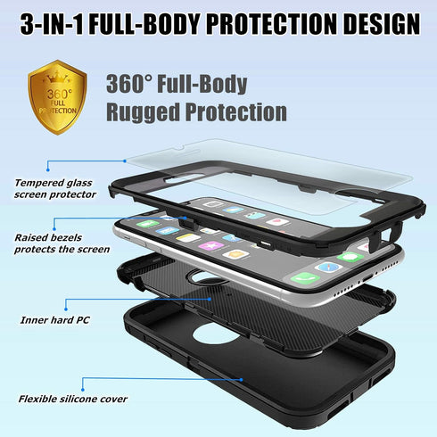 Compatible iPhone 7 Plus 8 Plus Case with Screen Protector, Rugged Heavy Duty Camo Case for Men, Shockproof 3-Layer