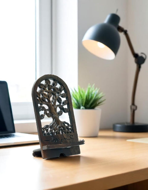 Handicraftviet - Handcrafted Wooden Tree of Life Phone Stand, Engraved I Love You Vintage Desk Docking Station