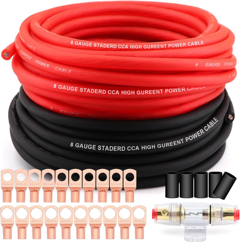 AWG 8 Gauge Wire Cable 25ft Each, Black/Red, with 60A ANL Fuse Block for Audio Speaker Wiring Kit