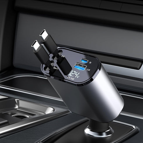 Kwak's USB C Retractable Car Charger Adapter, Fast Charge Compatible with iPhone 15/15 Pro Max (Double Type-C)