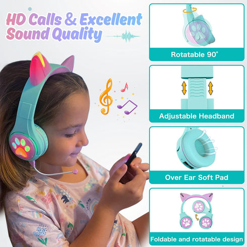 Riwbox CF9 Cat Ear Kids Bluetooth Headphones with LED Light, Safe 85dB Volume Limit, Built-in Mic for Calls (Green)