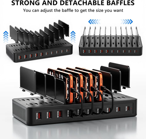 nongxiang 10-Port 100W 10 USB C Charging Station for Multiple Devices, Charging Dock, with Adjustable Dividers, USB-C
