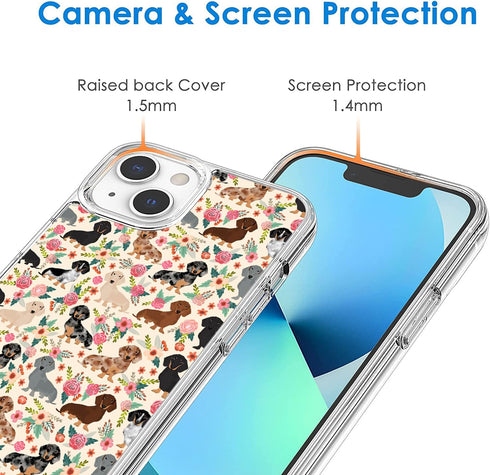 Compatible for iPhone 13 Pro Case, Cute Dog Funny Dachshunds Dog Florals iPhone Case Shockproof Protective Clear Soft TPU Case Gift for Girls Women
