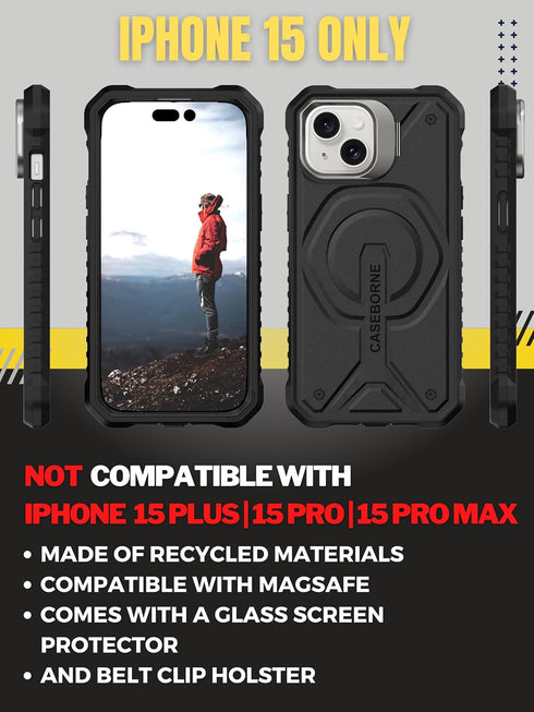 CaseBorne Protective Case for iPhone 15 - Compatible with MagSafe, Slim Yet Rugged with Tempered Glass Screen Protector