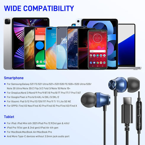 USB C Earbuds for Google Pixel 8, iPhone 15 Plus, Galaxy S24, OnePlus, Wired Type C Earphones with Microphone, Blue.