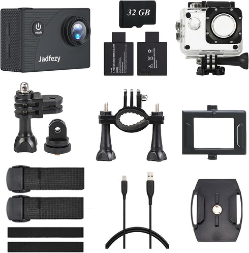 Jadfezy 1080P 32GB 98FT/30M 2 Action Camera FHD with Card, Underwater Waterproof Camera with Rechargeable Batteries