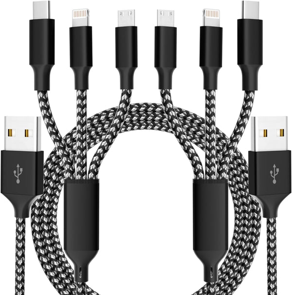 Multi Charging Cable, 2-Pack 4FT 3 in 1 Nylon Braided Fast Charging Cord with Type-C, Micro USB, IP Port for Most