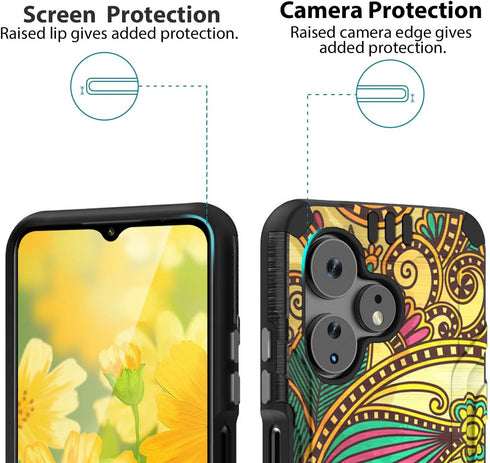 TJS Hybrid Shockproof Case for Boost Mobile Celero 5G + Plus 2024, Antique Flower, with Tempered Glass Screen Protector.