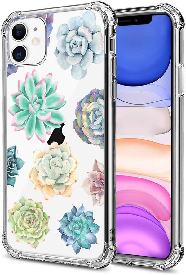 Succulent Clear Case for iPhone 11 Year 2019, Floral Back Cover, Cute Design Transparent Flexible TPU Bumper