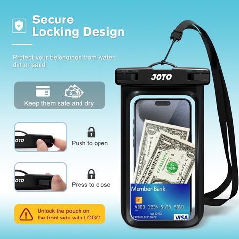 JOTO IPX8 Waterproof Phone Pouch Case - 2 Pack, Black, for iPhone 15/14/13/12/11 Pro Max, Galaxy S24/S23/S22 Ultra,