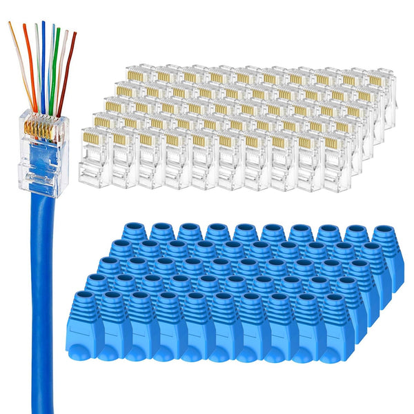 UTP RJ45 Connectors, Cat6 Pass Through Plugs 50-Pack with Strain Relief Boots for Solid or Standard Ethernet Cables,