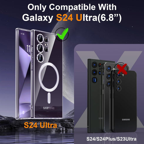 Samsung Galaxy S24 Ultra Case - 3 in 1 Magnetic, Crystal Clear, Mil-Grade Shockproof, No-Yellowing, with 2X Screen