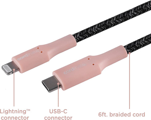 Cordinate USB-C to Lightning Cable, 6 Ft, Braided Cord, Fast Charge, Compatible with iPhone 13/12/11/Pro/Pro Max/Mini, iPad Pro, AirPod Pro, Blush/Charcoal, 58650 by Cordinate