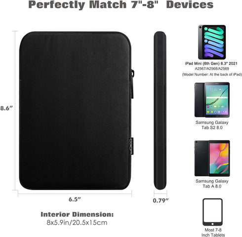MoKo 7-8 Inch Tablet Sleeve Bag - Polyester Pouch Cover Case for iPad Mini (6th Gen) 8.3" 2021, Black