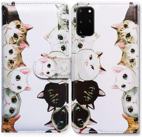 Case for Samsung S20 Plus - White Black Cute Cats Leather Flip Phone Case Wallet Cover with Card Slot Holder