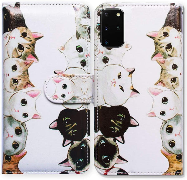 Case for Samsung S20 Plus - White Black Cute Cats Leather Flip Phone Case Wallet Cover with Card Slot Holder