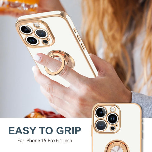 Hython Case for iPhone 15 Pro Case with Ring Stand, 360° Rotatable Ring Holder Magnetic Kickstand, Plating Rose Gold Edge Soft Cover Luxury Protective Phone Case for iPhone 15 Pro 6.1", White