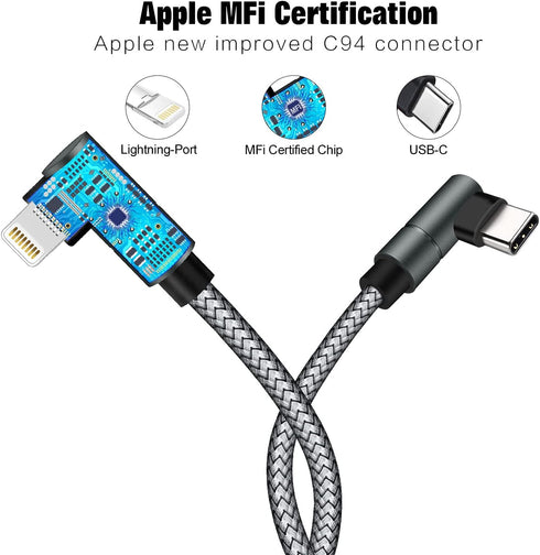 MFi Certified 6ft USB C to Lightning Cable, 90° Type C Charger for iPhone 13/12/11 Pro Max, iPad 8th (Grey)