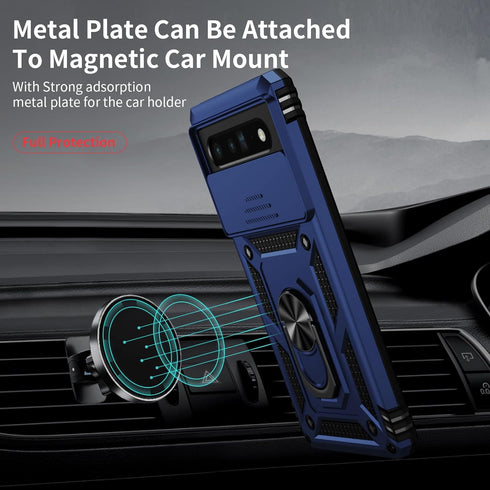 Military Grade Drop Protection Case for Google Pixel 6 Pro, with Slide Lens Cover and Magnetic Ring Holder (Navy Blue)