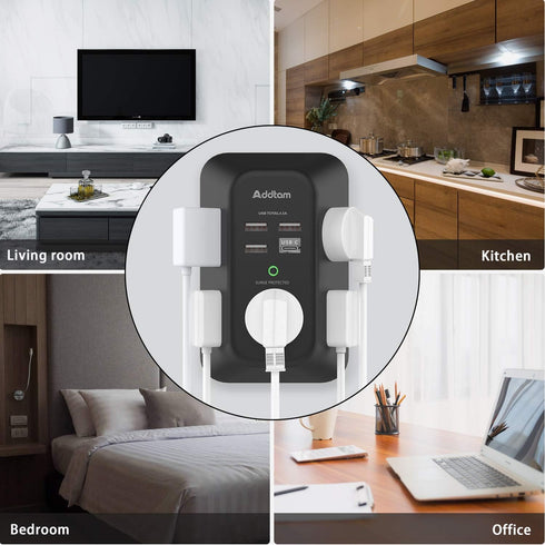 USB Wall Charger Surge Protector, Addtam 5 Outlet Extender with 4 USB Charging Ports, 3-Sided Power Strip Adapter