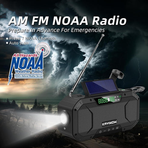 Portable Emergency Weather Radio with Waterproof Bluetooth Speaker, Hand Crank Solar Rechargeable, 5000mAh Charger,