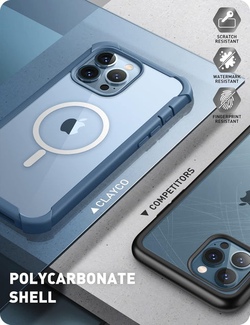 Clayco Magnetic Case for iPhone 13 Pro, Built-in Screen Protector, Dual Layer Rugged Cover (Forza, Azure)
