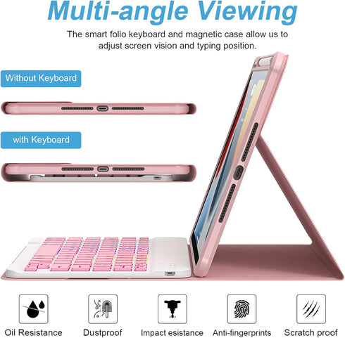 iPad 9th Generation Case with Keyboard, 7 Color Backlit Removable Bluetooth Wireless Keyboard, Pencil Holder (10.2)