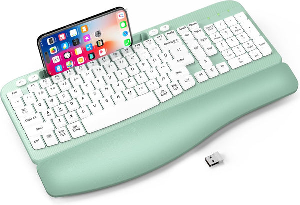 EAYBLLY Ergonomic Wireless Keyboard with Cushioned Wrist Rest, Wave Keys, Phone Holder, Comfortable