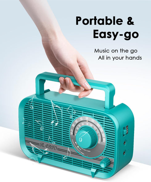 Radio with Bluetooth, Portable AM FM Radio, Best Reception Vintage Retro Radio, Plug in Wall and Play or AA Battery