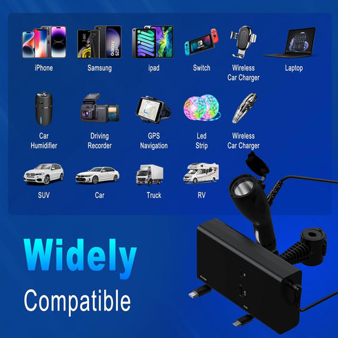 Multi Car Retractable Backseat Charger - 5 in 1 Charging Station Box for iPhone/Samsung, 60W Cigarette Lighter Adapter