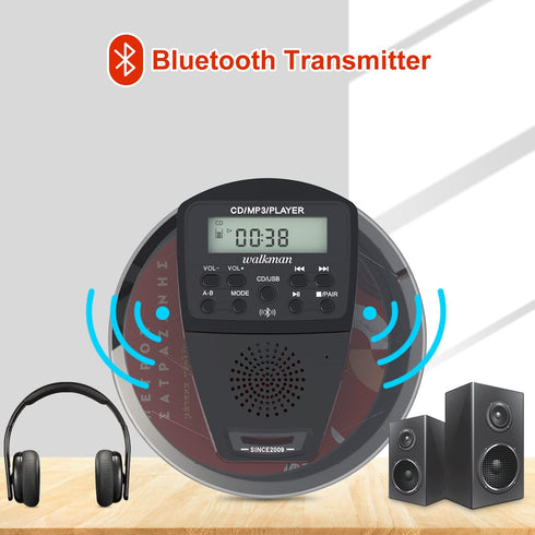 Rechargeable CD Player Portable with Bluetooth - Compact Anti-Skip Walkman CD Player with Earphone and LCD Display