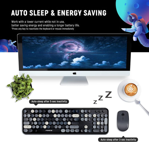 FOPETT Wireless Keyboard and Mouse Combo - 104 Keys Full-Sized 2.4 GHz Round Keycap Colorful Keyboards, USB Receiver