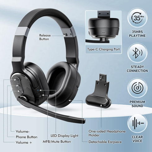 Trucker Bluetooth Headset, Wireless Headsets with Noise Cancelling Microphone, 40+Hrs HD Talktime