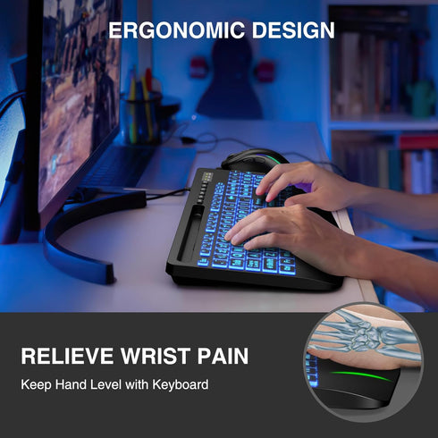 SABLUTE Large Print Backlit Computer Keyboards, Wired USB with 7-Color Backlit, Wrist Rest for Easy Typing