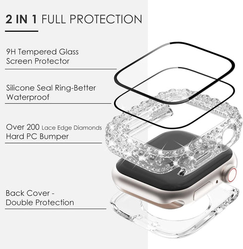 Surace 2 in 1 Waterproof Bling Case for Apple Watch Series 9/8/7 41mm, Lace Edge Diamond Protective Bumper Cover (Clear)