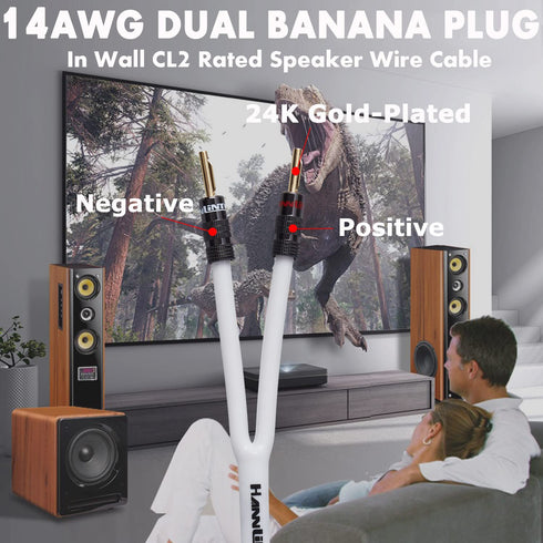 14AWG Speaker Wire Cable (15 Feet), Premium Heavy Duty Braided with Dual Gold Plated Banana Plug Tips