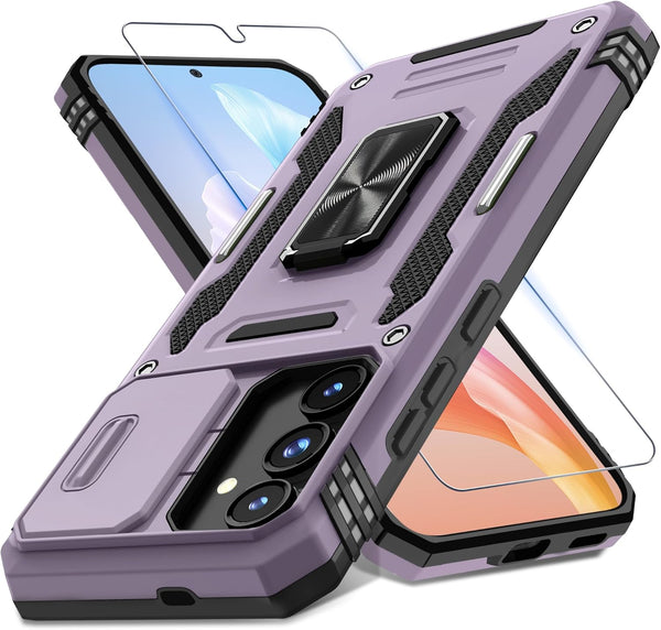 DEERLAMN Galaxy S24 Case - Deep Purple, Military Grade Shockproof, Slide Camera Cover, Screen Protector, Rotated Ring