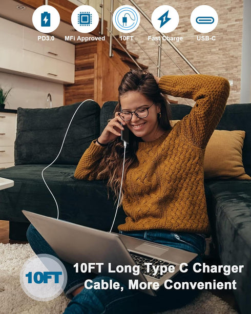 Fast Charger for iPhone 15, Type C USB C Wall Charger Block Adapter with 10FT USB C to C Charging Cable