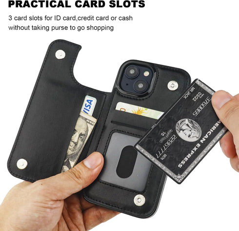iPhone 15 Wallet Case with Card Holder, PU Leather Kickstand Cover, Double Magnetic Clasp, Shockproof 6.1 Inch