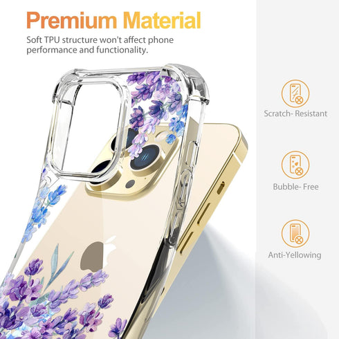 iPhone 13 Pro Max Case with Screen Protector, Floral Clear Shockproof Soft TPU Bumper Cover 6.7 Inch (Lavender/Purple)